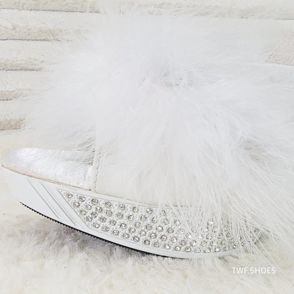 Your Majesty White Marabou Feather Rhinestone Platform Slip On Wedding Slides - Picture 4 of 10